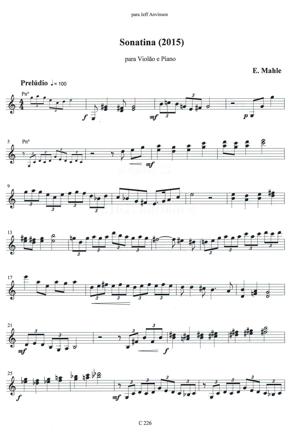 Guitar Part from Sonatina (2015) for Guitar and Piano, C 226, by Ernst Mahle
